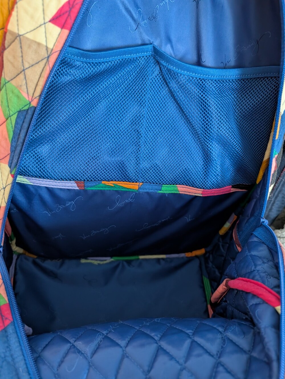 Large Vera Bradley Navy Quilted Lined Colorful Patchwork Backpack. - Picture 4 of 6